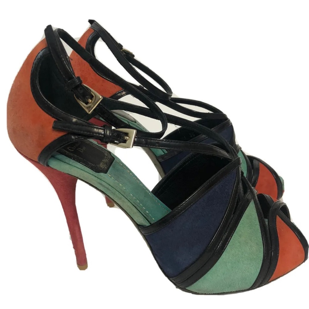 Women’s Christian Dior Suede Patent Color Block Sandals Heels Size 6